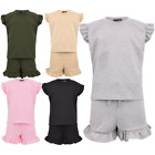  T-Shirt Kinder Mädchen ausgestellte Kappe Ärmel kurzes Oberteil einfarbig Oberteil & heiße Shorts Set