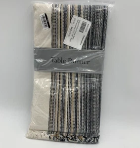 Pottery Barn Striped Cotton Fringe Table Runner Black Large 14 x 108 in #H683G - Picture 1 of 3