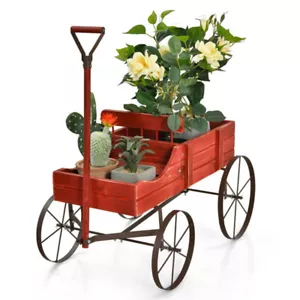 Wooden Wagon Flower Planter Pot Stand Bed With Wheel Outdoor Garden Yard Home - Picture 1 of 24