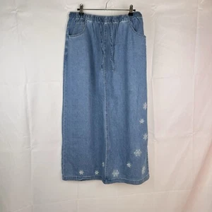 VTG The Quacker Factory Midi Denim Skirt Large 35”L Embroidered Beaded Snow Xmas - Picture 1 of 8