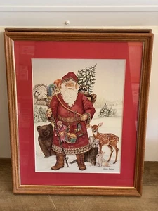 NADINE HARPER Wood Framed & Matted Santa & Deer Art 1991 17.5” W x 23” H Print - Picture 1 of 4