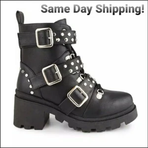 NEU! Damen Zucker schwarz Stapelabsatz Flair Biker Küken Stiefel Reißverschluss Schnalle Gothic - Bild 1 von 8