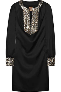 $650 NWT TORY BURCH Black Beaded Satin Dress ELEGANT Cocktail Formal Party XS 2 - Picture 1 of 12