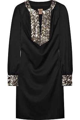 $650 NUEVO CON ETIQUETAS TORY BURCH Vestido Negro Satinado con Cuentas ELEGANTE Cóctel Formal Fiesta XS 2 Foto 1 de 4