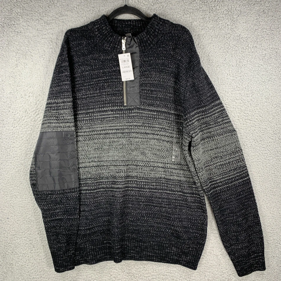 Men's Knit Sweater Black Gray Striped 1/2 Zip NWT Large Oversized By INC Grey - Image 1 of 4