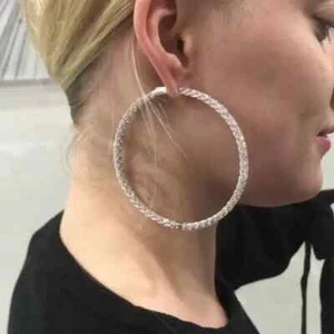 18Ct Round Cut Lab Created Sapphire Large Hoop Earrings 14k White Gold Finish - Picture 1 of 4