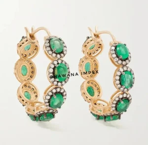 Natural Rose Cut Diamond & Emerald Earrings 925 Sterling Silver Gift Jewelry - Picture 1 of 4