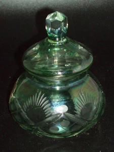 Vintage HUCAI Gaspar & Valente CUT GLASS Covered Jar GREEN Portugal FOIL STICKER - Picture 1 of 8
