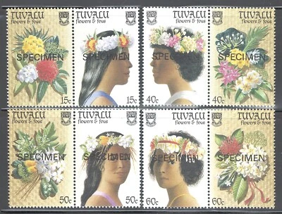 Tuvalu SPECIMEN Mint NH UMM Sc# 443/446 pairs flowers fou complete set 1987 - Image 1 of 2