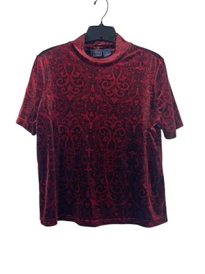 Top Laura Scott XL Rojo Negro Elástico Terciopelo Cuello Simulado Manga Corta Damasco Y2K Años 90 Foto 1 de 4