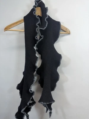 Smartworks Scarf Boiled Wool Felted Ruffle Black Gray 35 in Handmade Fiber Art - Image 1 of 4