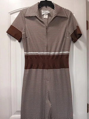 Vtg 70s Jumpsuit By To Lester Brown White Stripes Wide Leg Sz 16 Fits M/L - Image 1 of 4