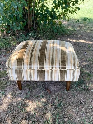 Vintage Striped Velour Ottoman Foot Stool With Wooden Legs - Image 1 of 4