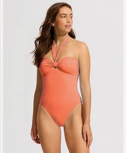 Seafolly Collective Sash Tie One Piece Melon Orange Size 12 AU Swimsuit Swimwear - Picture 1 of 10