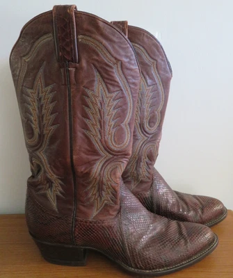Botas masculinas vintage Larry Mahan 10 marrom couro exótico pele de cobra EUA - Imagem 1 de 4