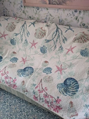 Colcha de algodón acolchada concha marina costera rosa azul talla Queen 86 X 96 Foto 1 de 3
