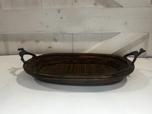VTG  Basket Weave Ratan OvalServing Tray with Stag/Reindeer Iron Handles - Picture 1 of 9