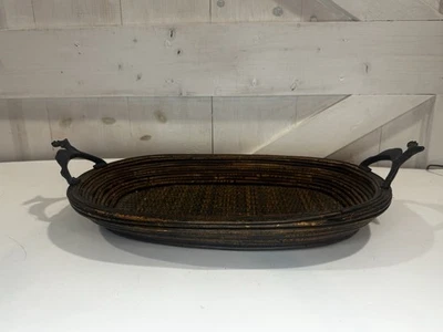 VTG  Basket Weave Ratan OvalServing Tray with Stag/Reindeer Iron Handles - Image 1 of 4