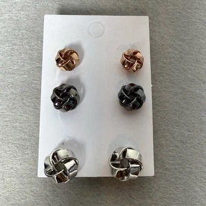 Bansri Stud Earring Set Three Pairs Gold, Silver, and Black Knot Style NWT - Picture 1 of 3