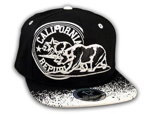 California Republic Bear Black-White Flat Bill Snapback Hat - Picture 1 of 4