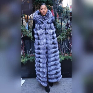 Women Hot Genuine Silver Fox Fur Hood Waistcoat Real Fur Full Length Vest Gilets - Picture 1 of 41