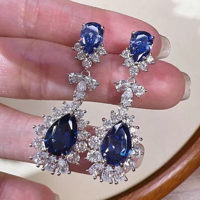 New Luxury Ocean Blue Topaz Gemstone Women Girl Silver Dangle Stud Earring - Image 1 of 4