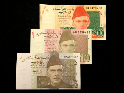 Juego de billetes de Pakistán 5 10 20 rupias nuevos sin usar en estado nítido  Foto 1 de 2
