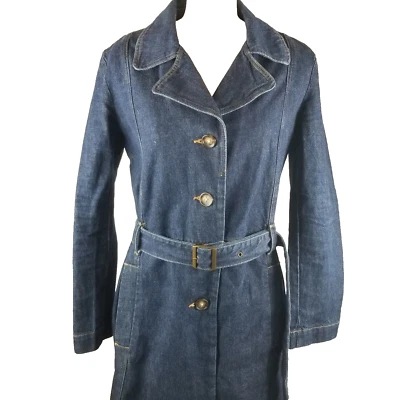 Trench coat plumero de mezclilla azul marino antiguo para mujer mediana 2001 chaqueta vaquera Y2K Foto 1 de 4
