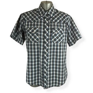 Wrangler Wrancher Men's L Pearl Snaps Black Blue White Plaid Short Sleeve Shirt - Picture 1 of 7