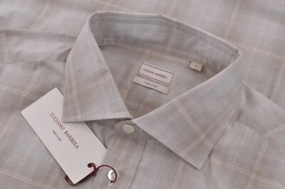 Luciano Barbera NWT Sport Shirt Size L In Light Tans Gray & White Plaid Cotton - Image 1 of 4