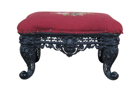 Antique Victorian Cast Iron Needlepoint Embroidered Foot Stool Ottoman Rococo Cover