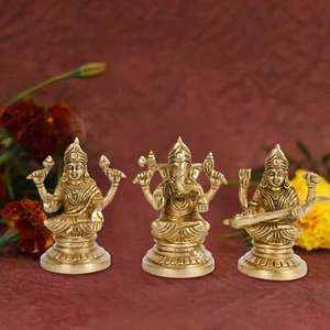 Laxmi Ganesha Saraswati Idol Brass Hindu Deities Idols Vastu Diwali Puja 4.5 In - Picture 1 of 5