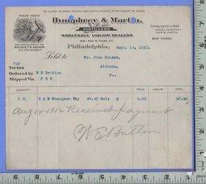 E542 Humphrey & Martin liquor seller blhead Philadelphia John Schenk Altoona PA - Picture 1 of 2