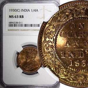 India-British George V Bronze 1930 (C) 1/4 Anna NGC MS63 RB KM# 512 (011) - Picture 1 of 5