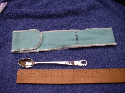 TIFFANY Sterling MAN IN THE MOON (2000)  INFANT FEEDING SPOON w/Pouch-Monogram Cover