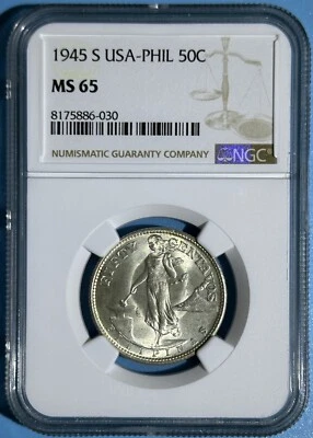 Philippines US 1945 S 50 Centavos Silver Coin Nice White BU NGC MS 65 KM# 183 - Image 1 of 2