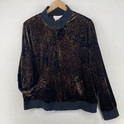 SUSAN GRAVER Jacket XL Velour Velvet Animal Print Track Jumper Full Zip Brown - Image 1 of 4