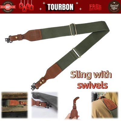 TOURBON Webbing Rifle Sling Shotgun Strap Nonslip Leather End + 1" Metal Swivels - Image 1 of 4