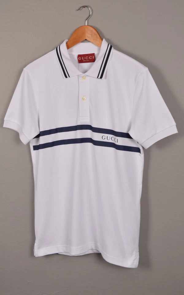 Polo Gucci Hombre Algodón Blanco S | Detalle Rayas Azul Marino | Hecho en Italia Foto 1 de 4
