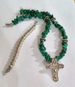 Malachite Beads Sterling Silver Cross Necklace with Extender - Picture 1 of 7