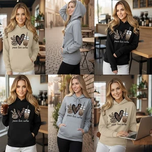 Women Oversized Long Sleeve Graphic PEACE LOVE COFFEE Pullover Hooded  Hoodie - Picture 1 of 16