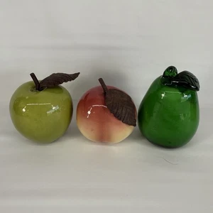 Blown Art Glass Green Pear Paperweight and Ceramic Apple & Peach Metal Leaves - Picture 1 of 16