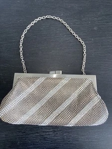 WHITING & DAVIS Silver Mesh Metal Crystal Striped Clutch Evening Bag With Chain - Picture 1 of 11