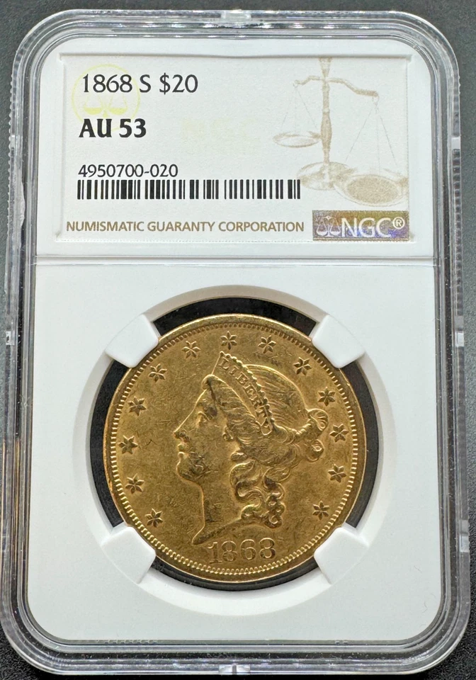 1868-S $20 LIBERTY GOLD DOUBLE EAGLE NGC AU53 11XFGC25 - Image 1 of 4