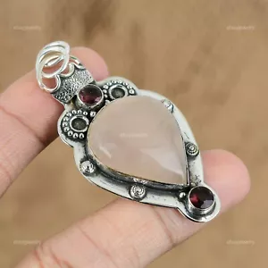 Heart Chakra Rose Quartz Stone Rubellite Sterling Silver Birthday Wife Pendant - Picture 1 of 6
