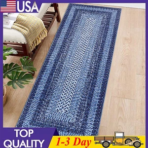 Area Rug 2x8 Hallway Runners 6x9 Braided Print Washable Rug Non-Slip Navy Blue - Picture 1 of 16