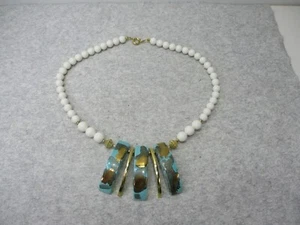 Vintage White Beads Panel Necklace Modern Art Design Japan Blue Gold Splatter - Picture 1 of 7