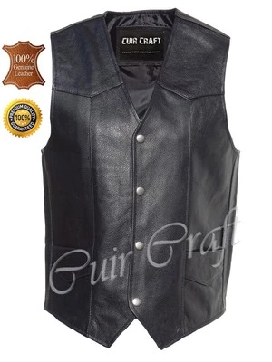 MENS MOTORCYCLE BIKER STYLE REAL LEATHER WAISTCOAT BLACK GENUINE LEATHER VEST - Image 1 of 4