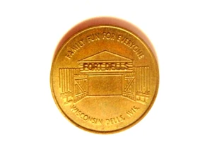old brass colored souvenir token:  Fort Dells, Wisconsin Dells, WI - Picture 1 of 5