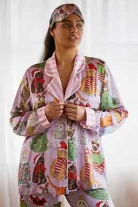 Karen Mabon Weihnachten Katzen Pyjama Set Schlaf Anthropologie Satin Übergröße 3X NEU - Bild 1 von 11